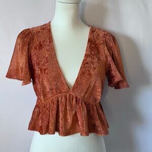 Urban Outfitters Rust Crinkle Velvet Peplum Top Medium M Burnt Orange V-Neck